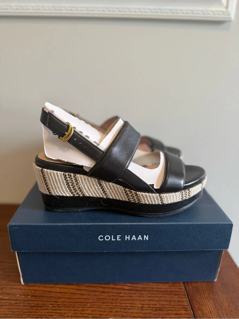 Cole Haan Aislin Black Leather Wedge Sandals NEW