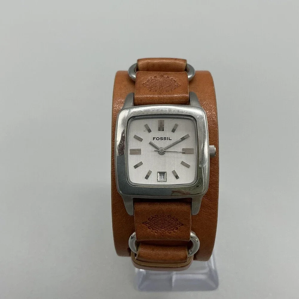 Fossil JR-8083 Womens Watch 26mm Silver Tone Brown Leather Bund Date New Battery