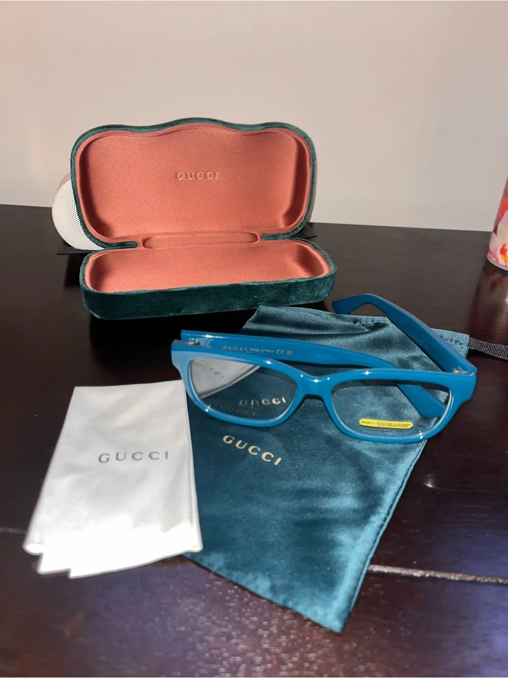 Gucci Teal Eyeglass Frames with Velvet Pouch and Case