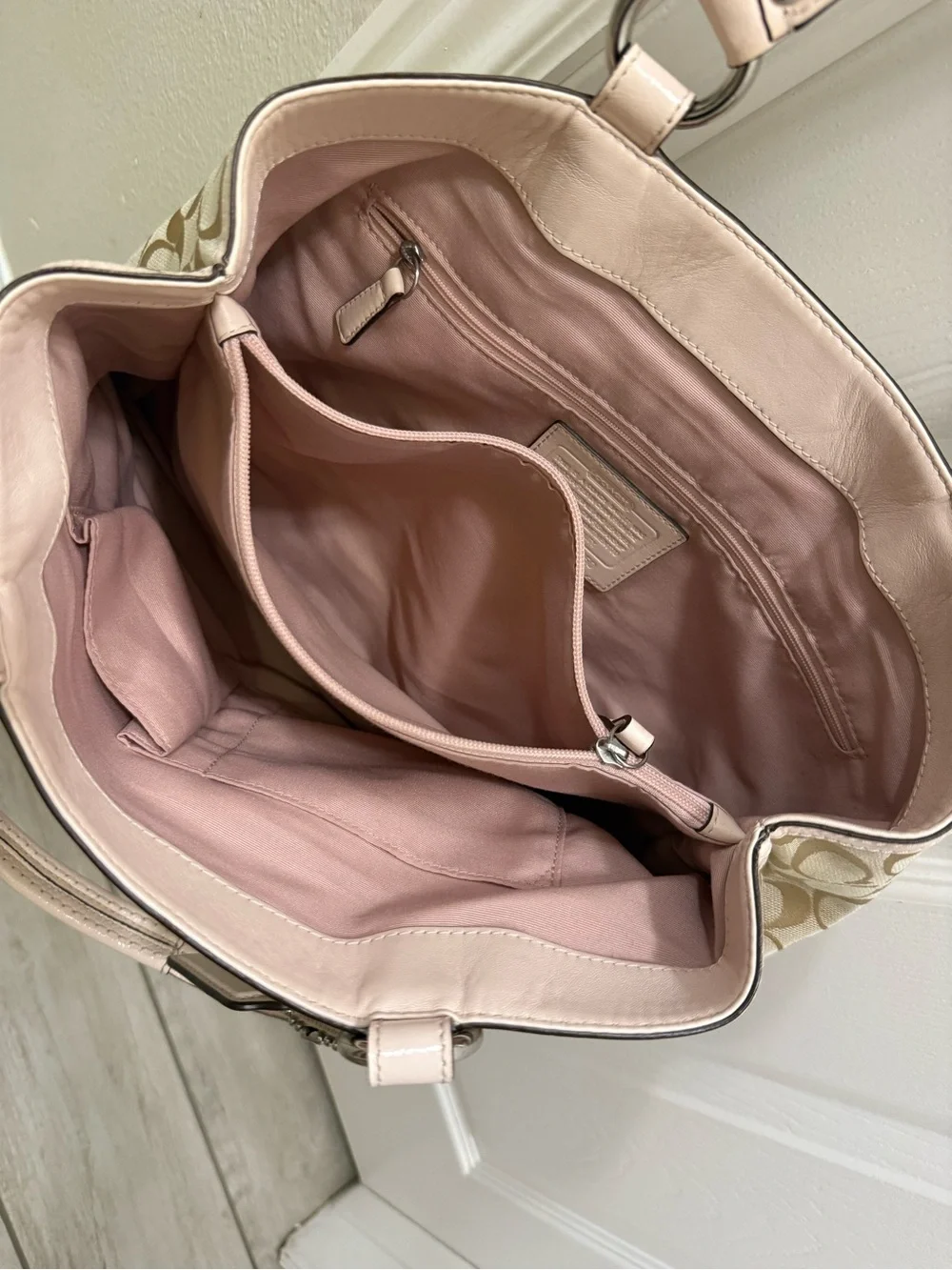 Coach VintageBeige Signature Shoulder Bag with Pale Pink Trim and Yellow Accent