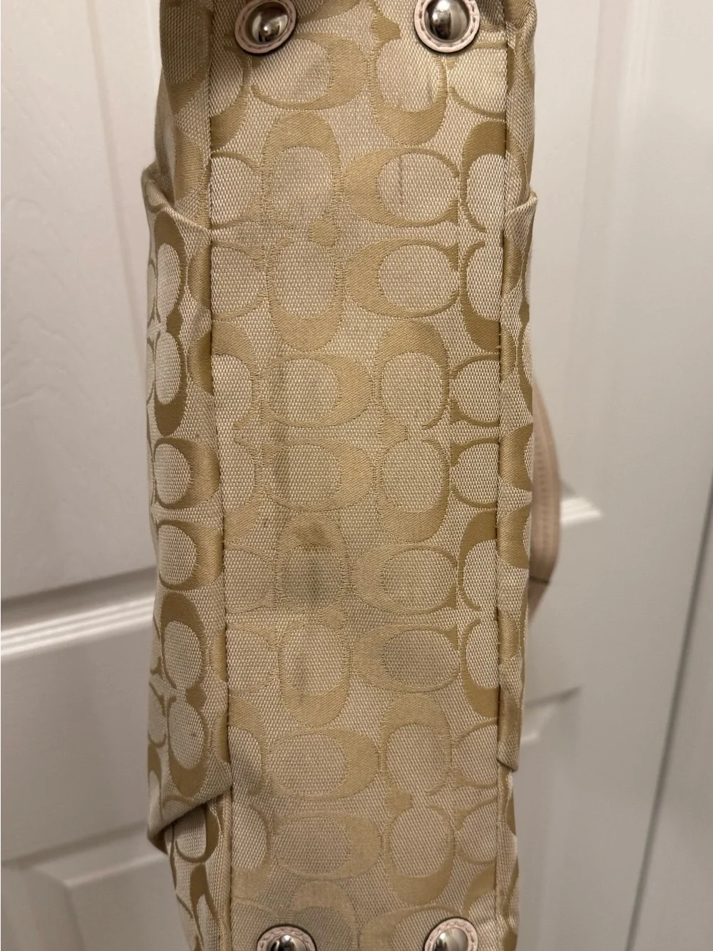 Coach VintageBeige Signature Shoulder Bag with Pale Pink Trim and Yellow Accent