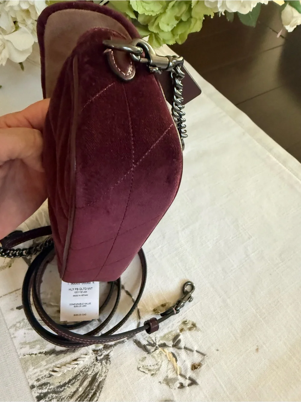 COACH Quilted Velvet Crossbody in Burgundy