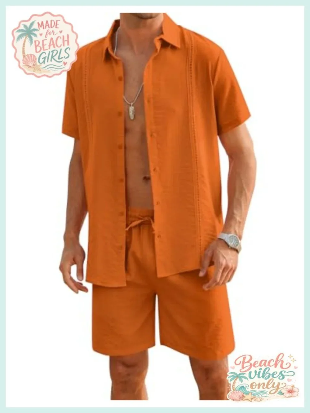 Men's 2 Piece Linen Short Set Button Down Cuban Guayabera Shirt and Shorts