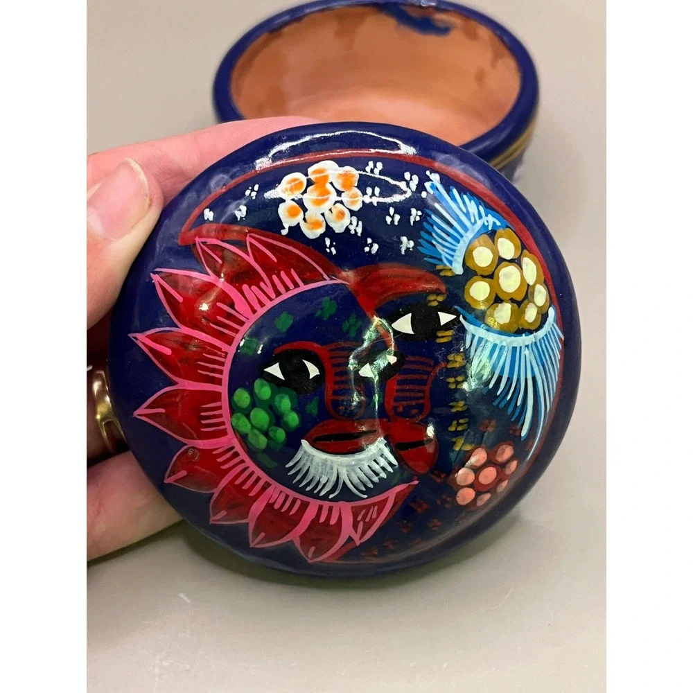 Sun Moon Stars Celestial Redware‎ Trinket Box Cobalt Blue 2.5