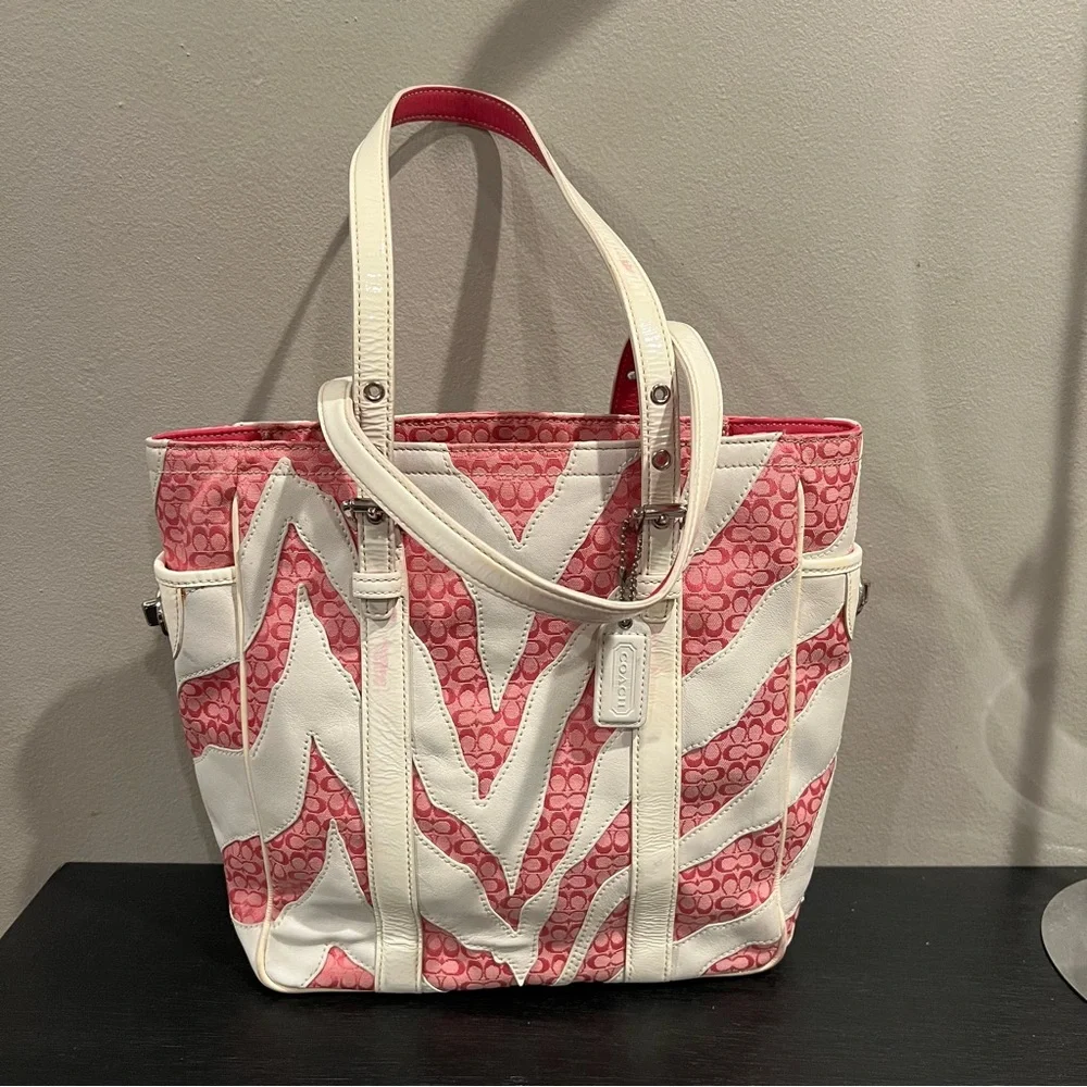 Coach Rare Limited Edition Pink White Zebra Patchwork Tote Shoulder Bag Purse