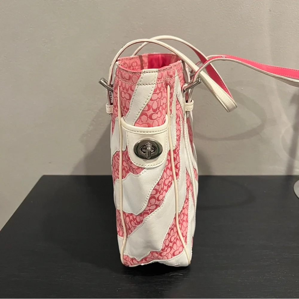 Coach Rare Limited Edition Pink White Zebra Patchwork Tote Shoulder Bag Purse