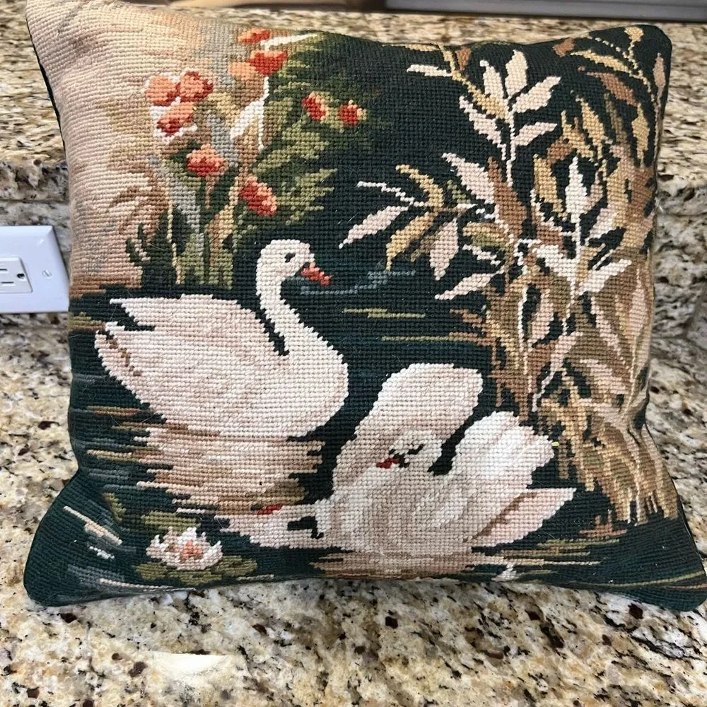Swan needle point throw pillow