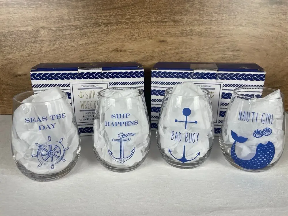 Two's Company Ship Wrecked Stemless Wine Glasses Set 4 Nauti Girl Bad Buoy New