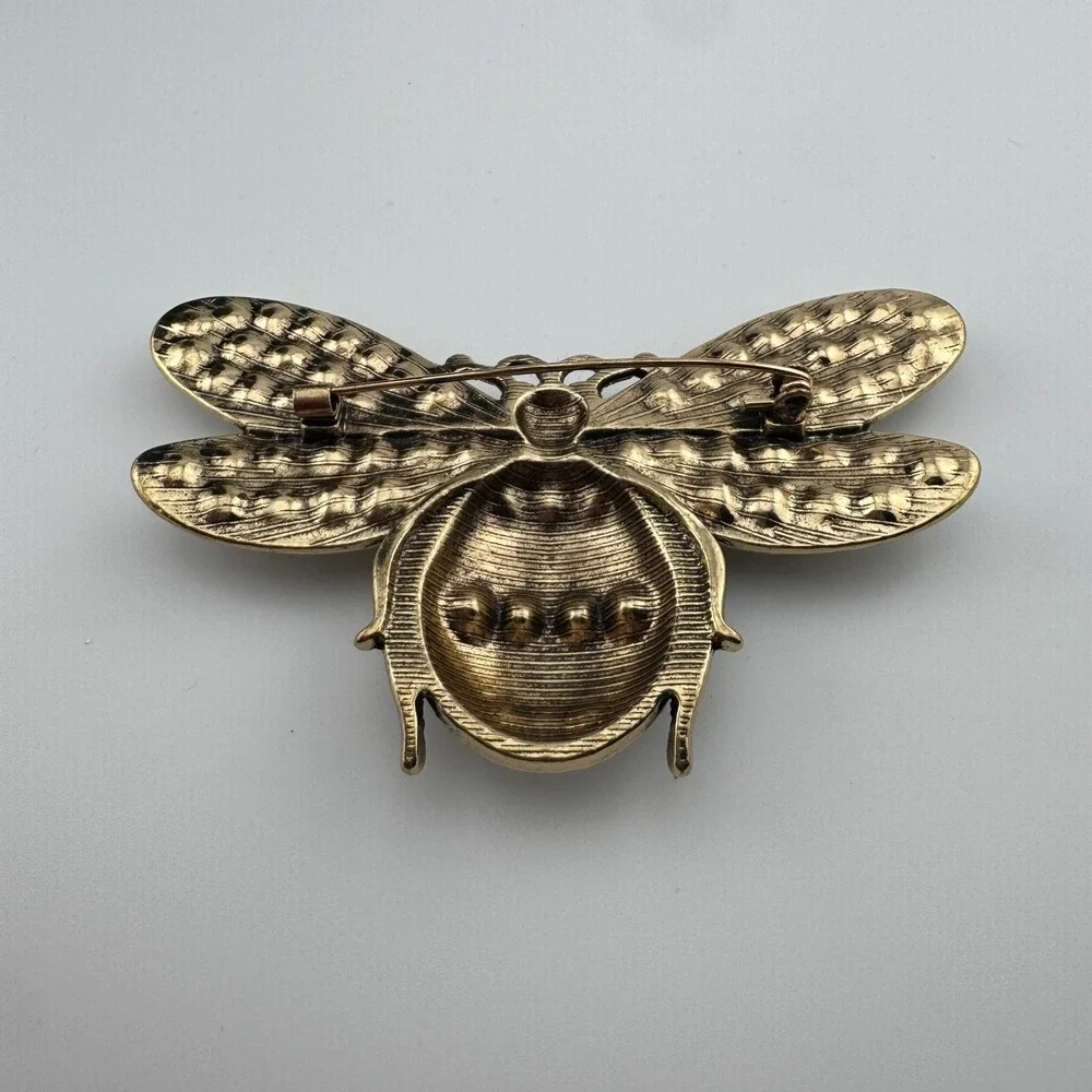 Vintage Style Bumble Bee Brooch Faux Pearl Crystal Black Enamel Gold Tone Pin
