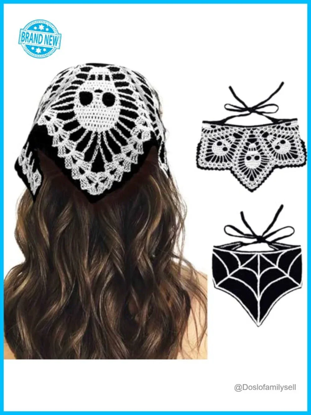 Black Skull Headbands Crochet Bandanas Hair Accessories Set of 2