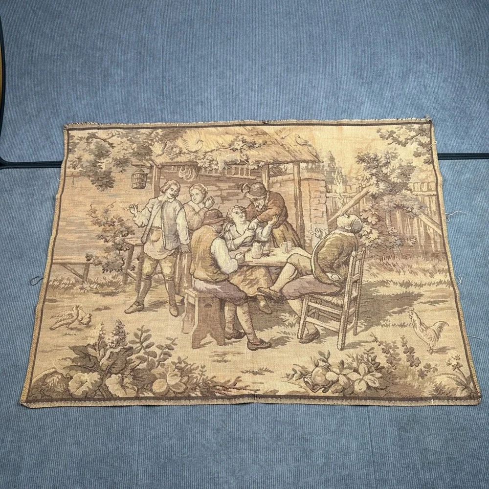 Vintage Made in Belgium Woven Wall Tapestry Tavern Scene European Textile Art