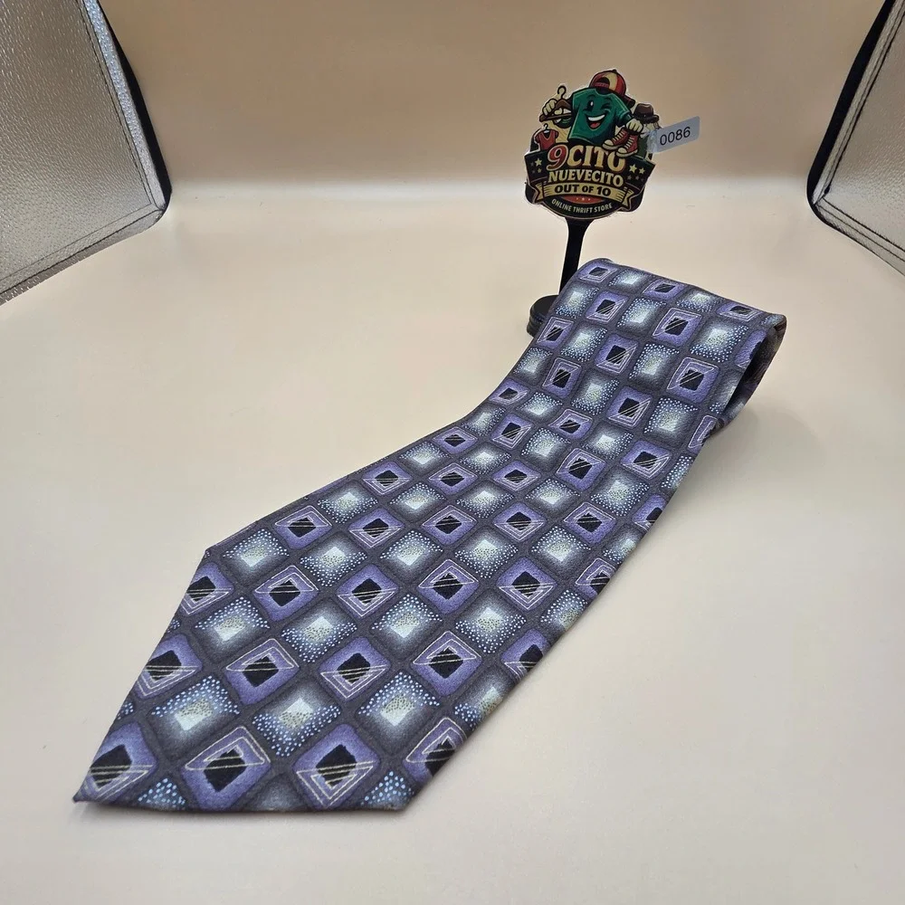 Enrico Guccini Mens Silk Tie Purple Grey Geometric Square Pattern Handmade 4