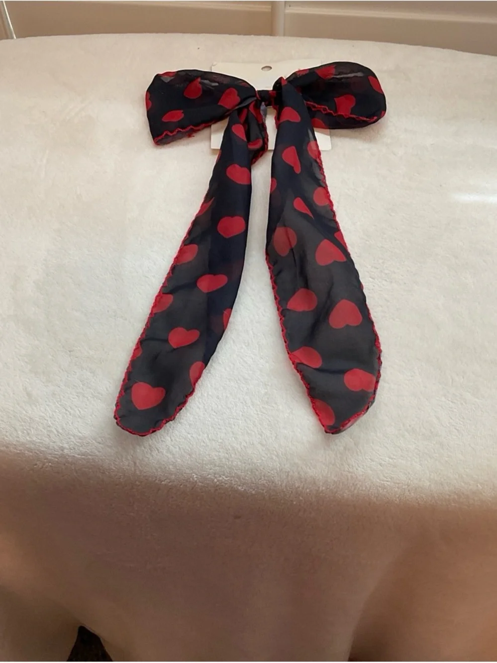 a new day Black Sheer Bow Scarf with Red Heart Print