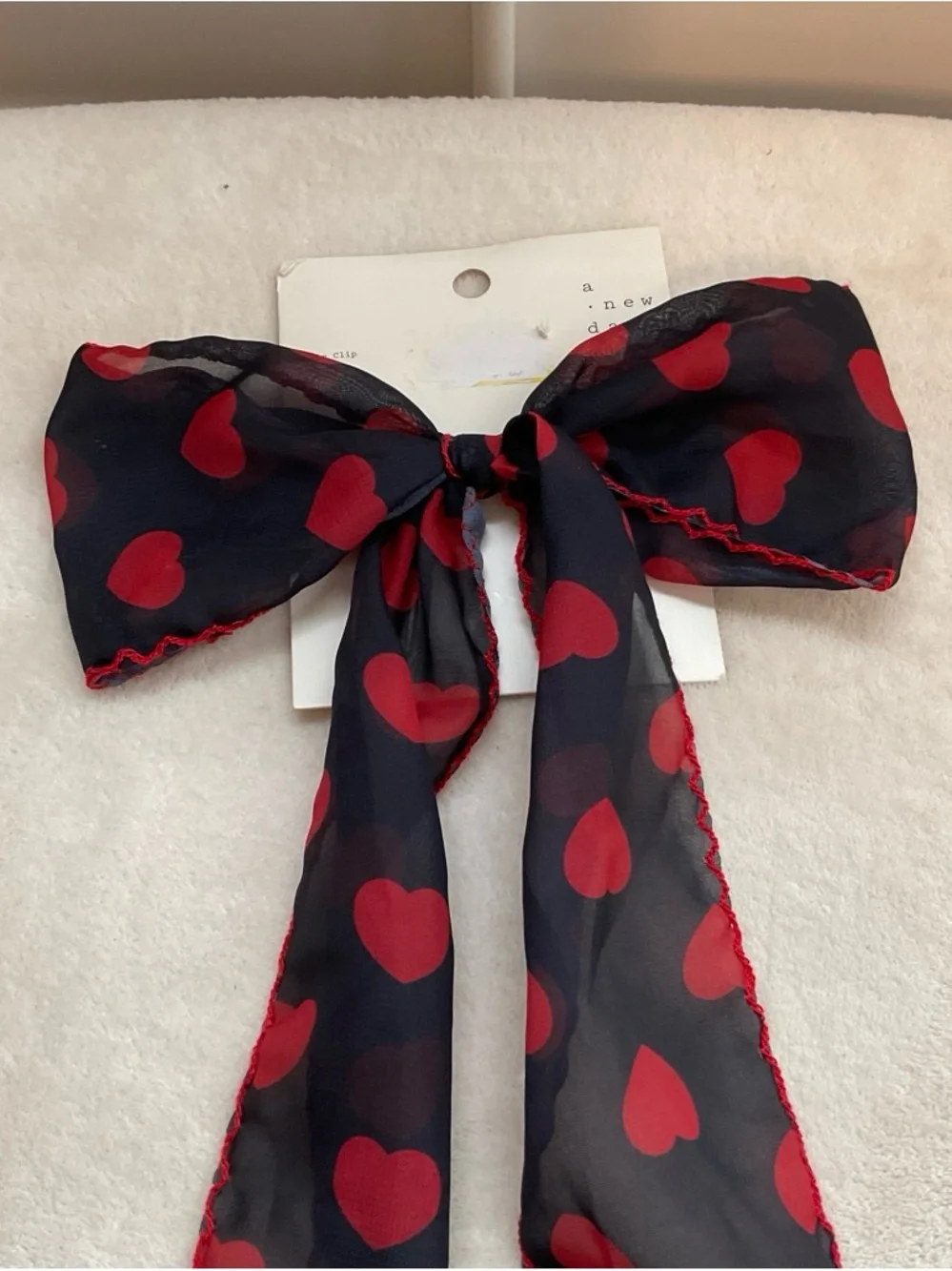 a new day Black Sheer Bow Scarf with Red Heart Print