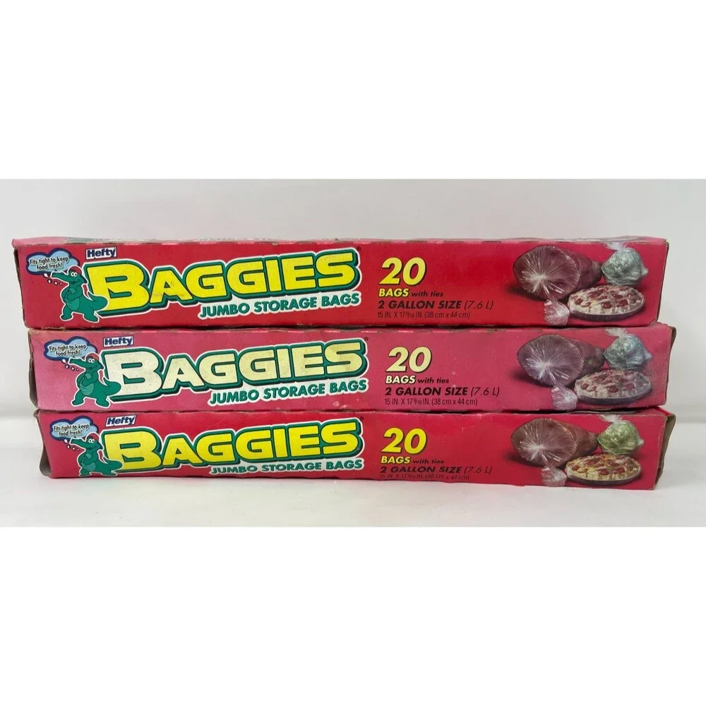 3x VINTAGE Hefty Baggies 20 Jumbo Storage Bags With Ties ~2 GALLON~ Size NOS