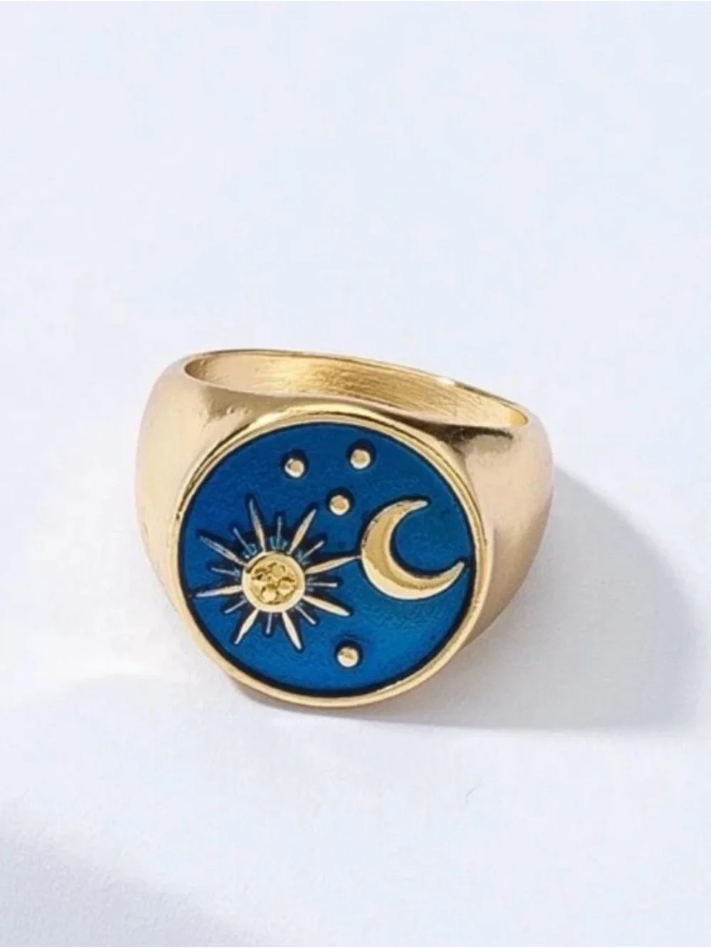 Anthropologie Gold-Tone Sun & Moon Signet Ring with Blue Enamel