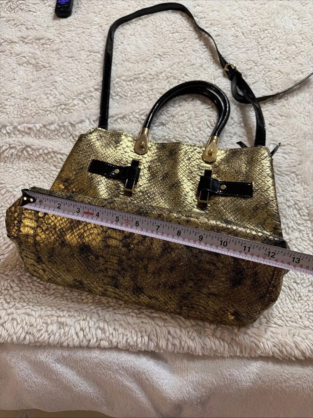 Gianni Bini Gold Snake-Texture Satchel Handbag with Black Accents