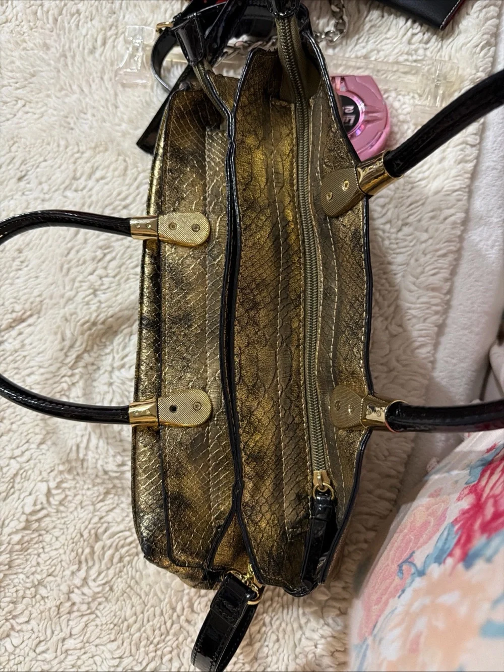Gianni Bini Gold Snake-Texture Satchel Handbag with Black Accents