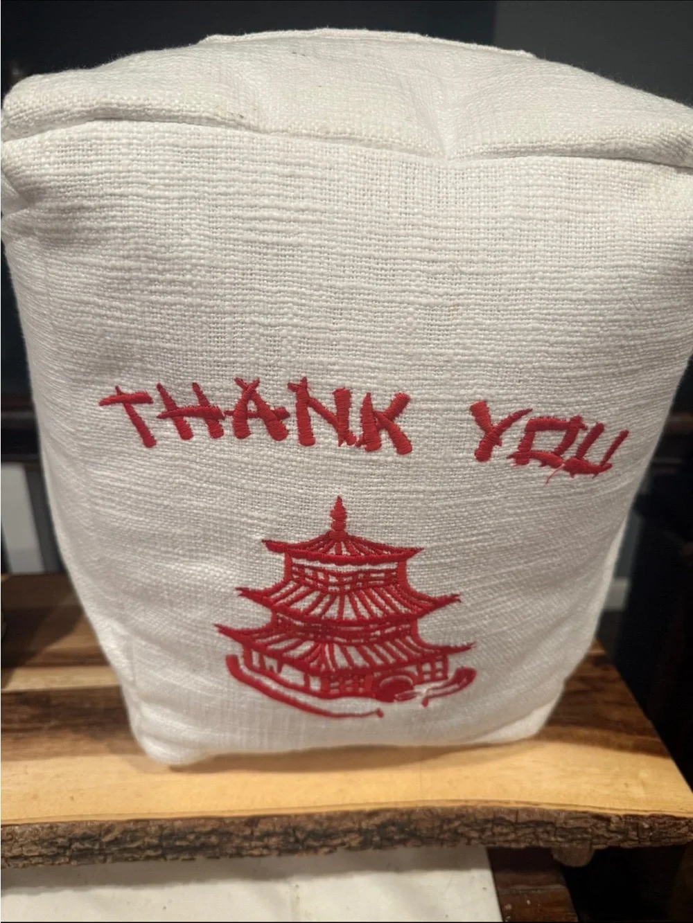 Embroidered 'Thank You' Chinese Takeout Box Accent pillow - White & Red