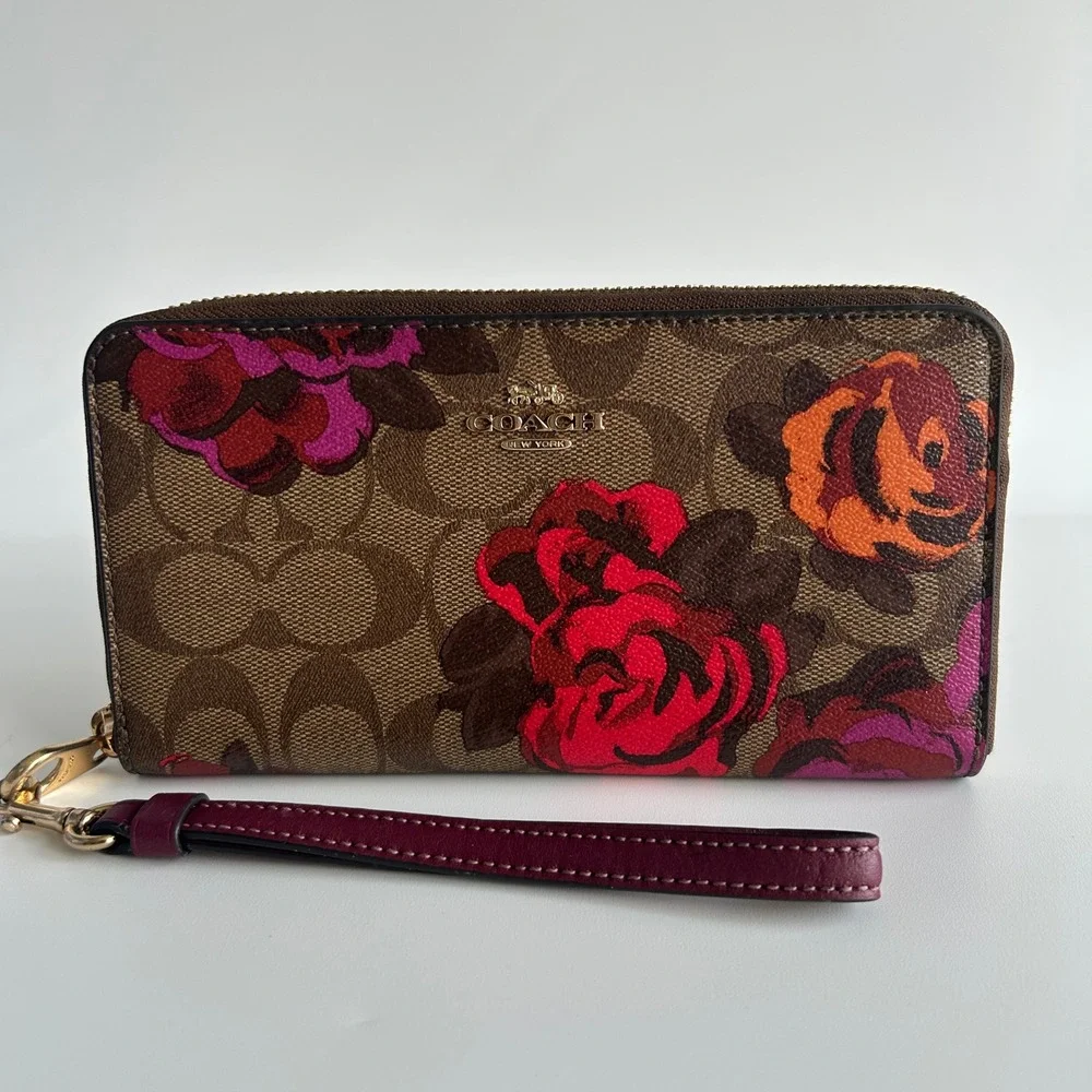 Coach Signature Jumbo Floral Khaki Canvas Zip Around Wallet CE668 Excellent