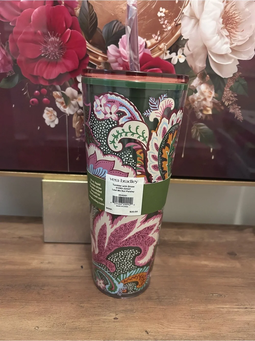 Vera Bradley Double Wall Tumbler with Straw in Leaf Me Not Paisley
