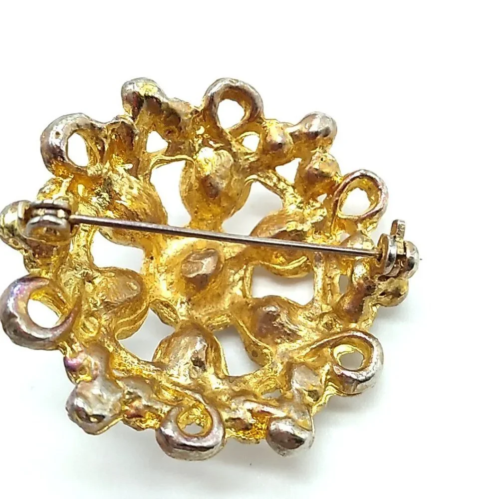 Vintage Twisted Rope Brooch Dome Shaped Rhinestone Gold Tone Pin