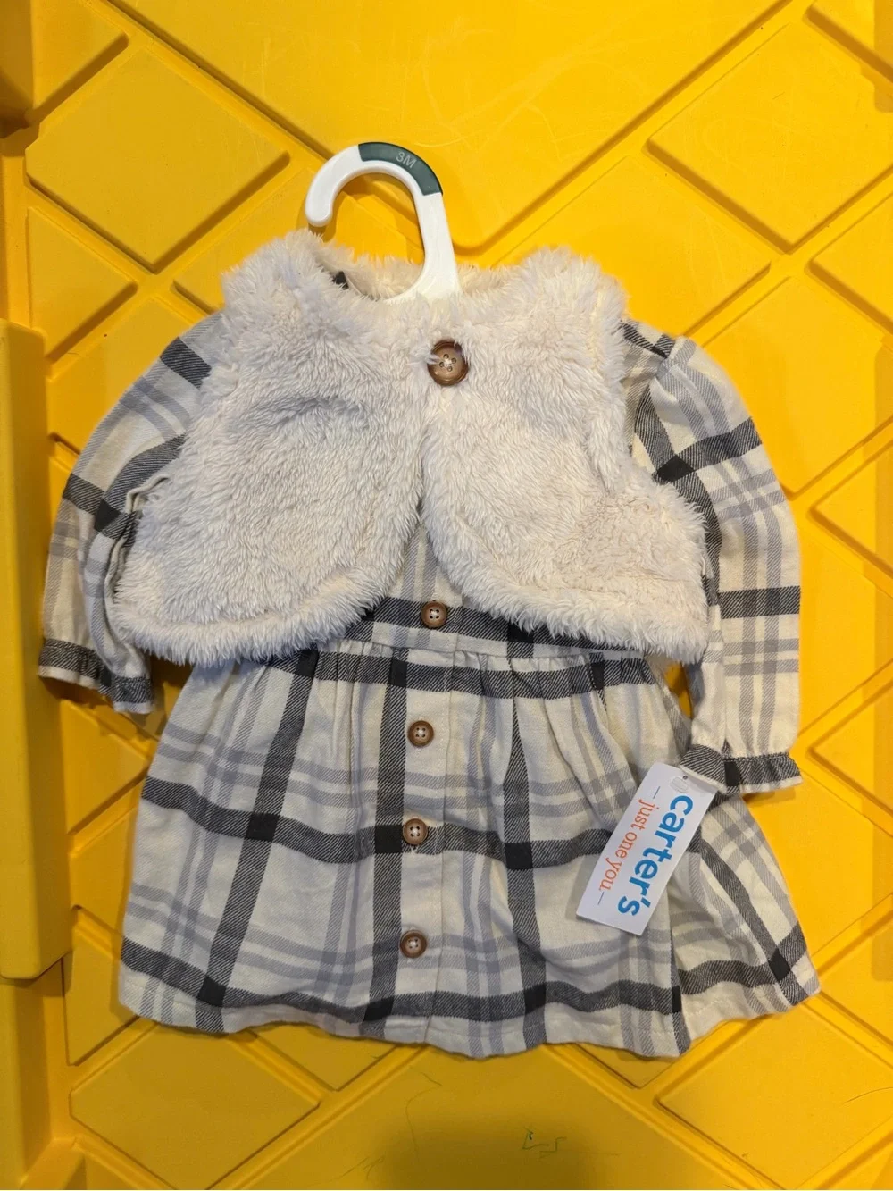 Carter's Gray and Cream Plaid Button Dress with Faux Fur Vest