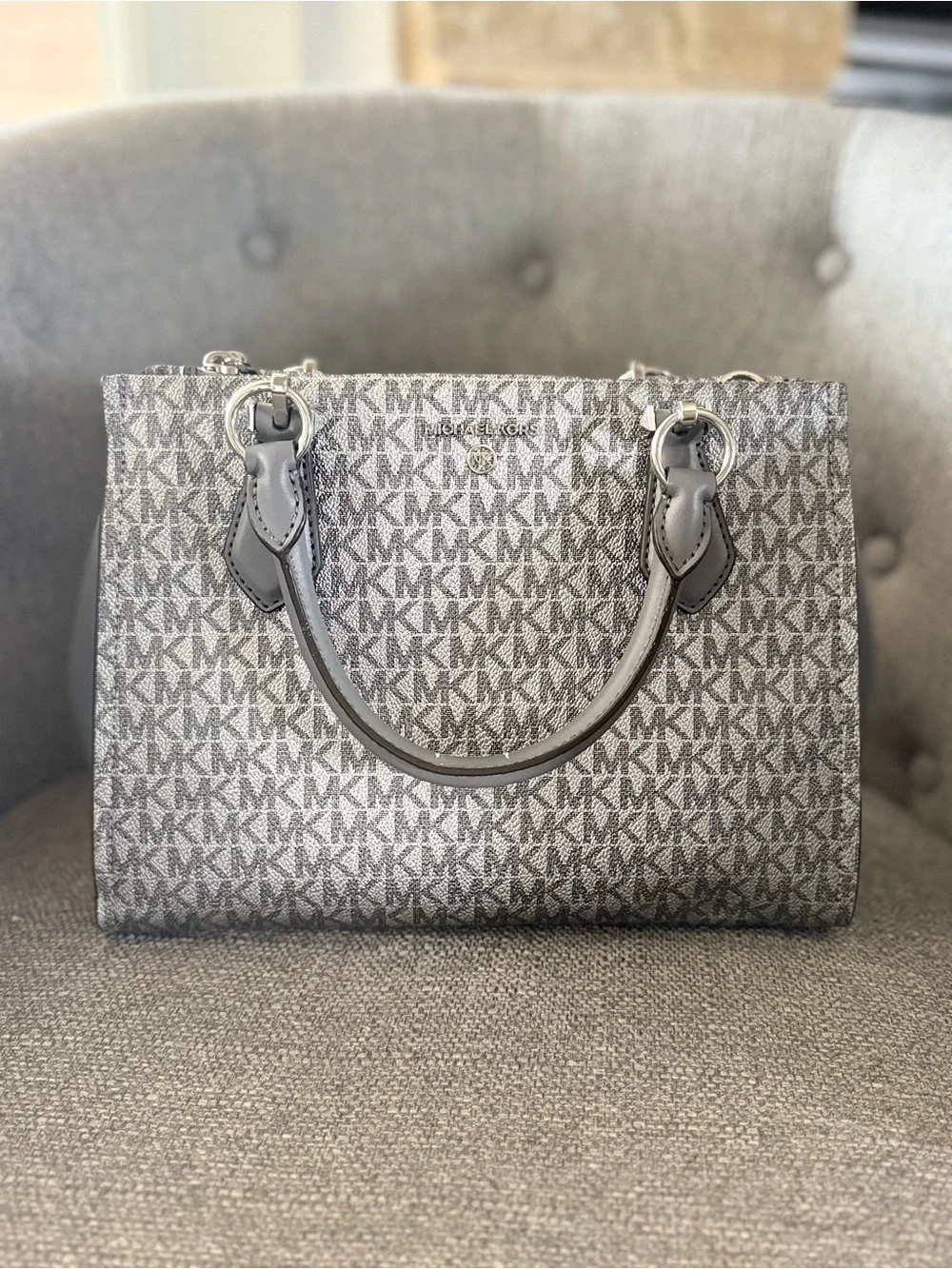 Michael Kors Gray Marilyn MK Logo Satchel with Silver Hardware