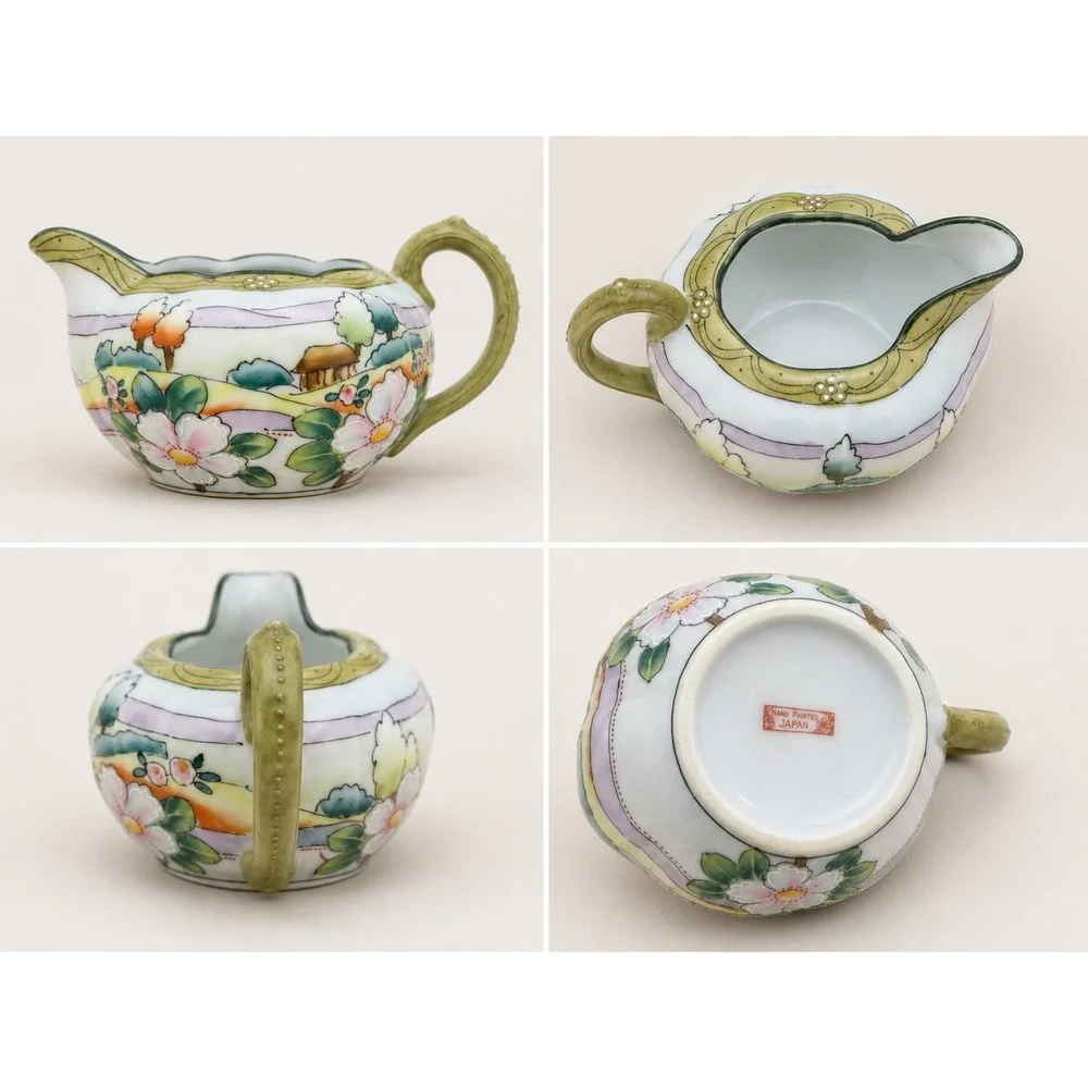 Vintage Hand Painted Japan Porcelain Creamer Pitcher Floral Landscape Scenic