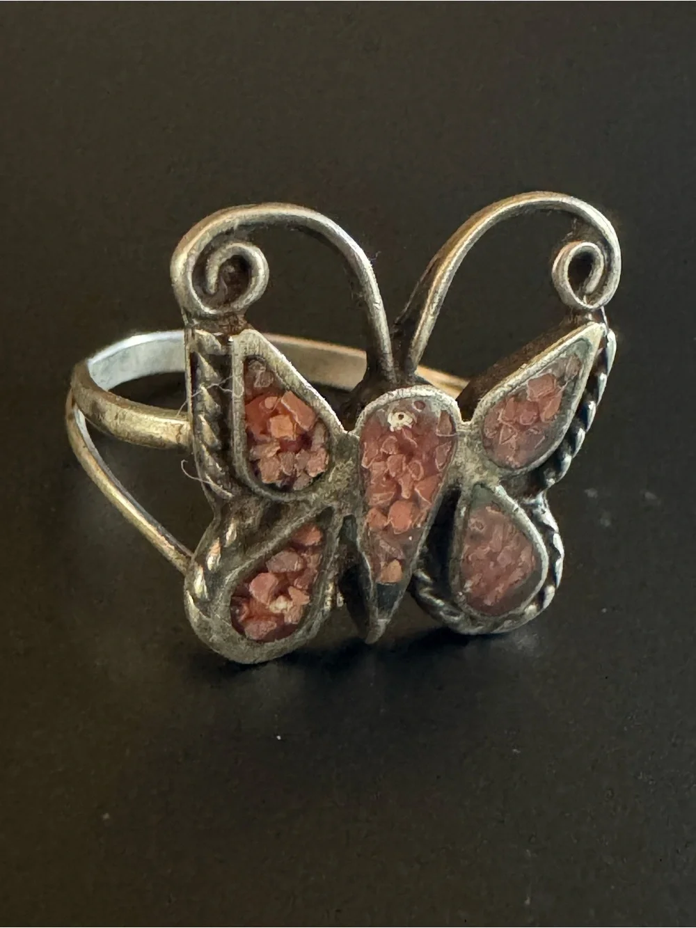 Vintage Sterling Silver Butterfly Ring - Size 7 - Crushed Coral Inlay