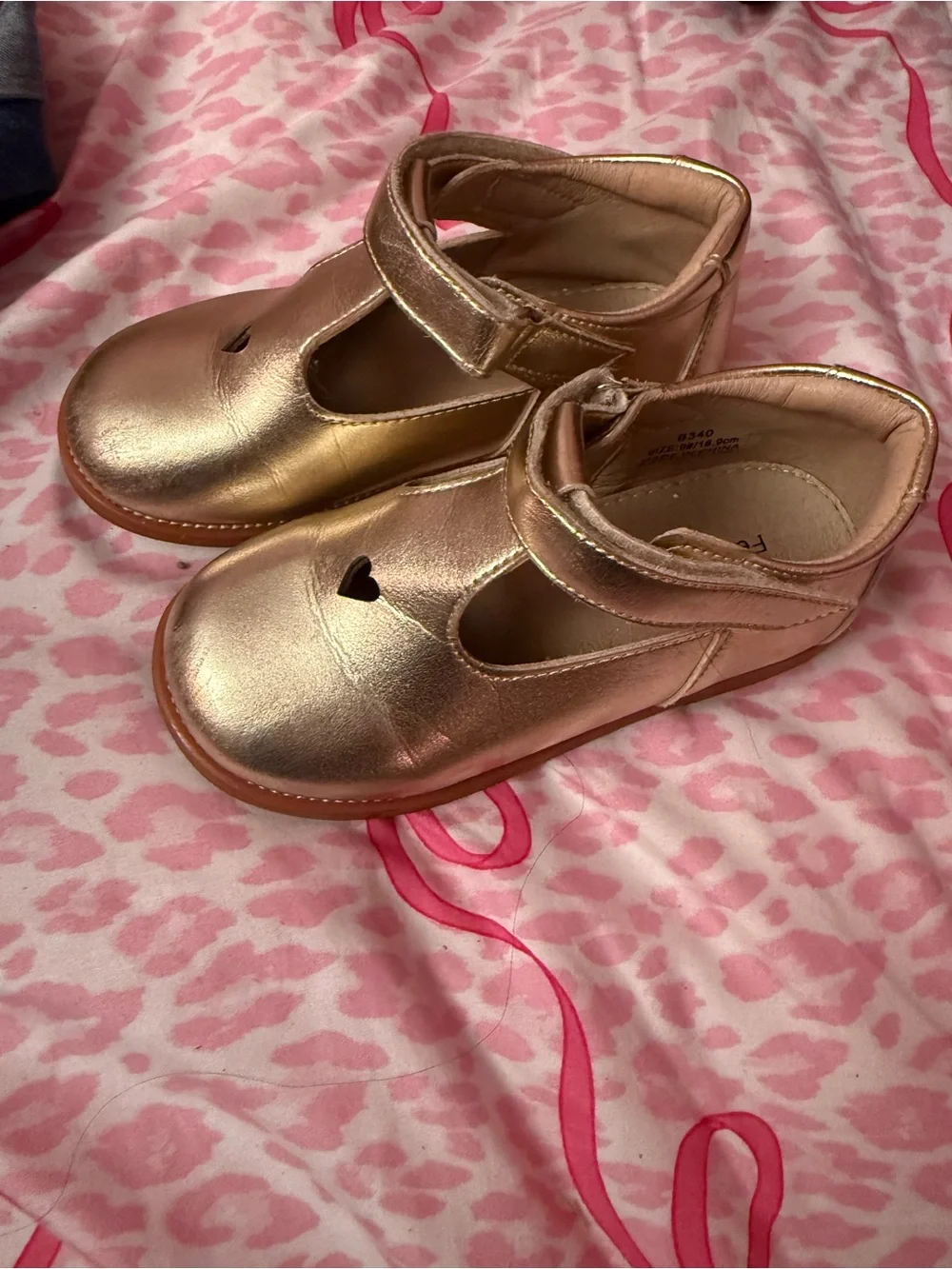 Girls Metallic Rose Gold T-Strap Heart Detail Dress Shoes