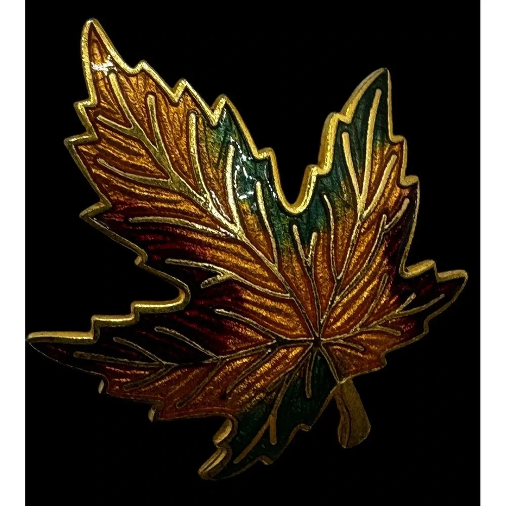 Vintage Double Acorn Leaf Brooch Pin Enamel Autumn Fall Thanksgiving Silver Gold