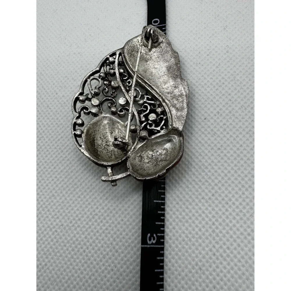 Vintage Double Acorn Leaf Brooch Pin Enamel Autumn Fall Thanksgiving Silver Gold