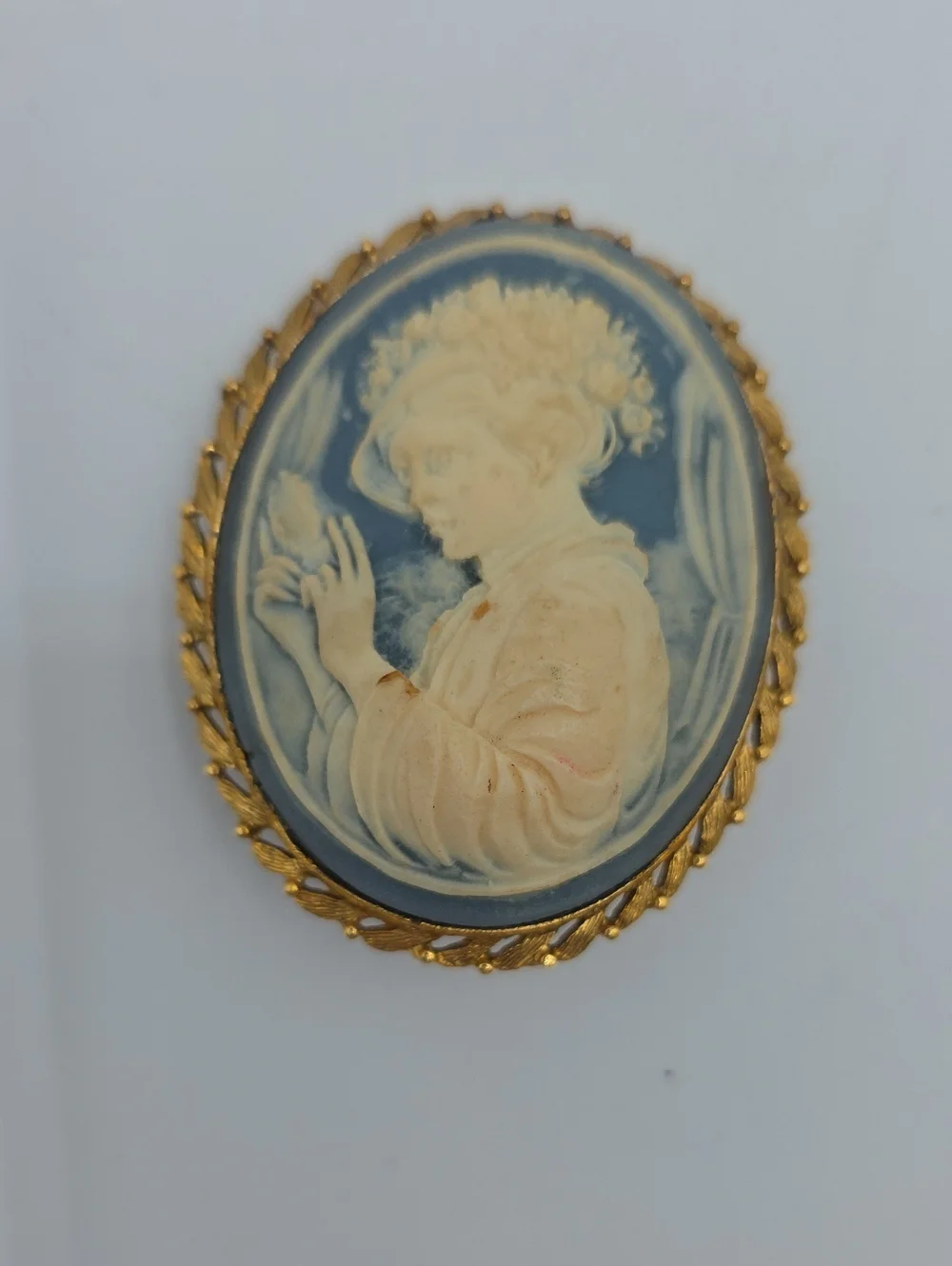 Vintage Oval Cameo Brooch in Blue and Cream