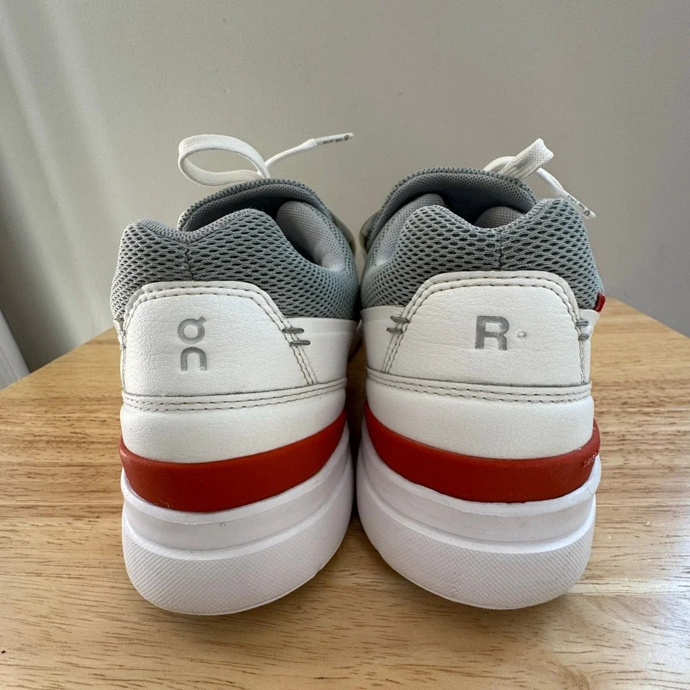 On Running The Roger Advantage Mens 10.5 White Grey Red Vegan Leather Sneakers
