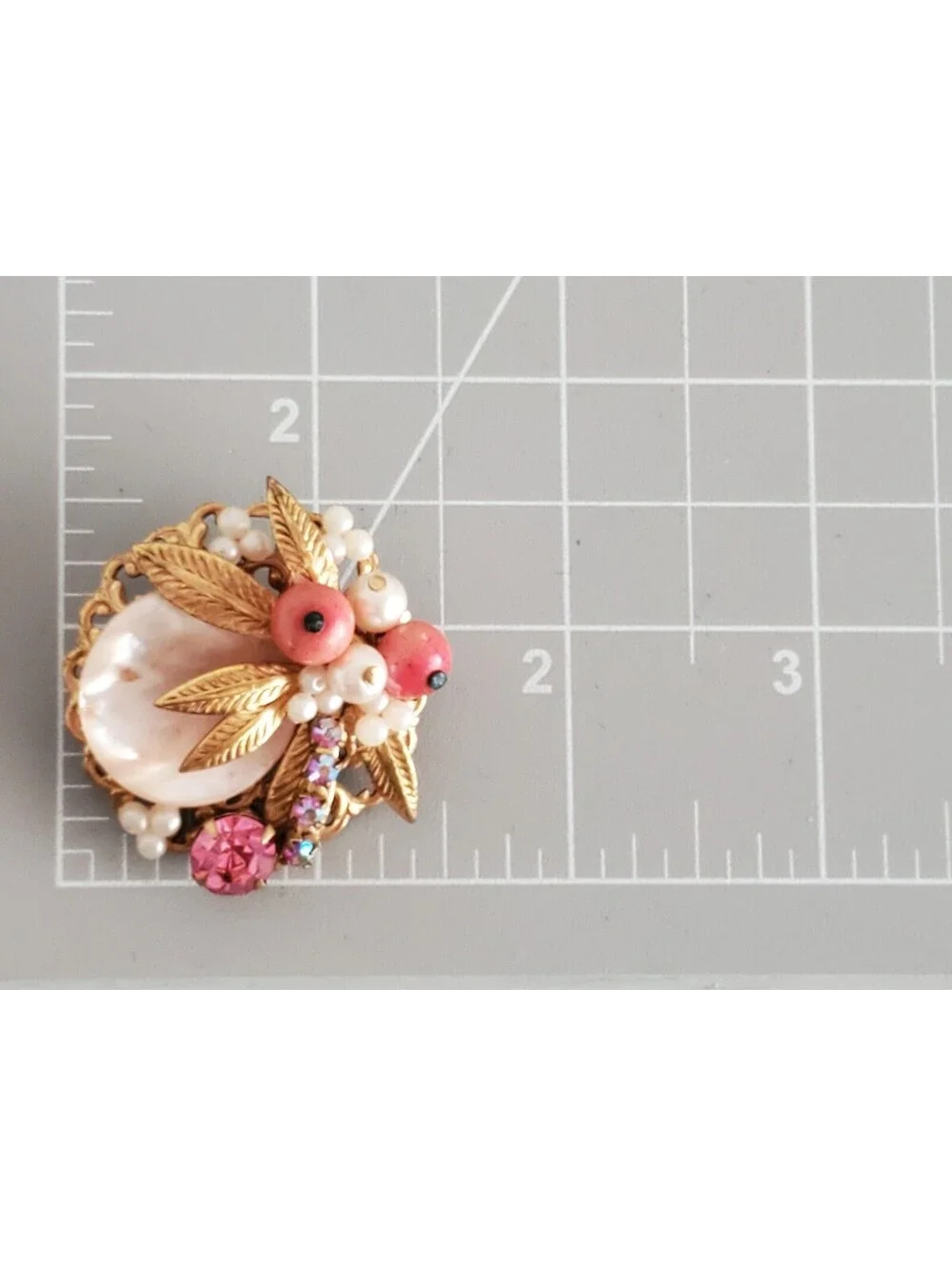 Vintage Filigree Pink and White Bead & Gold-Tone Leaf Brooch