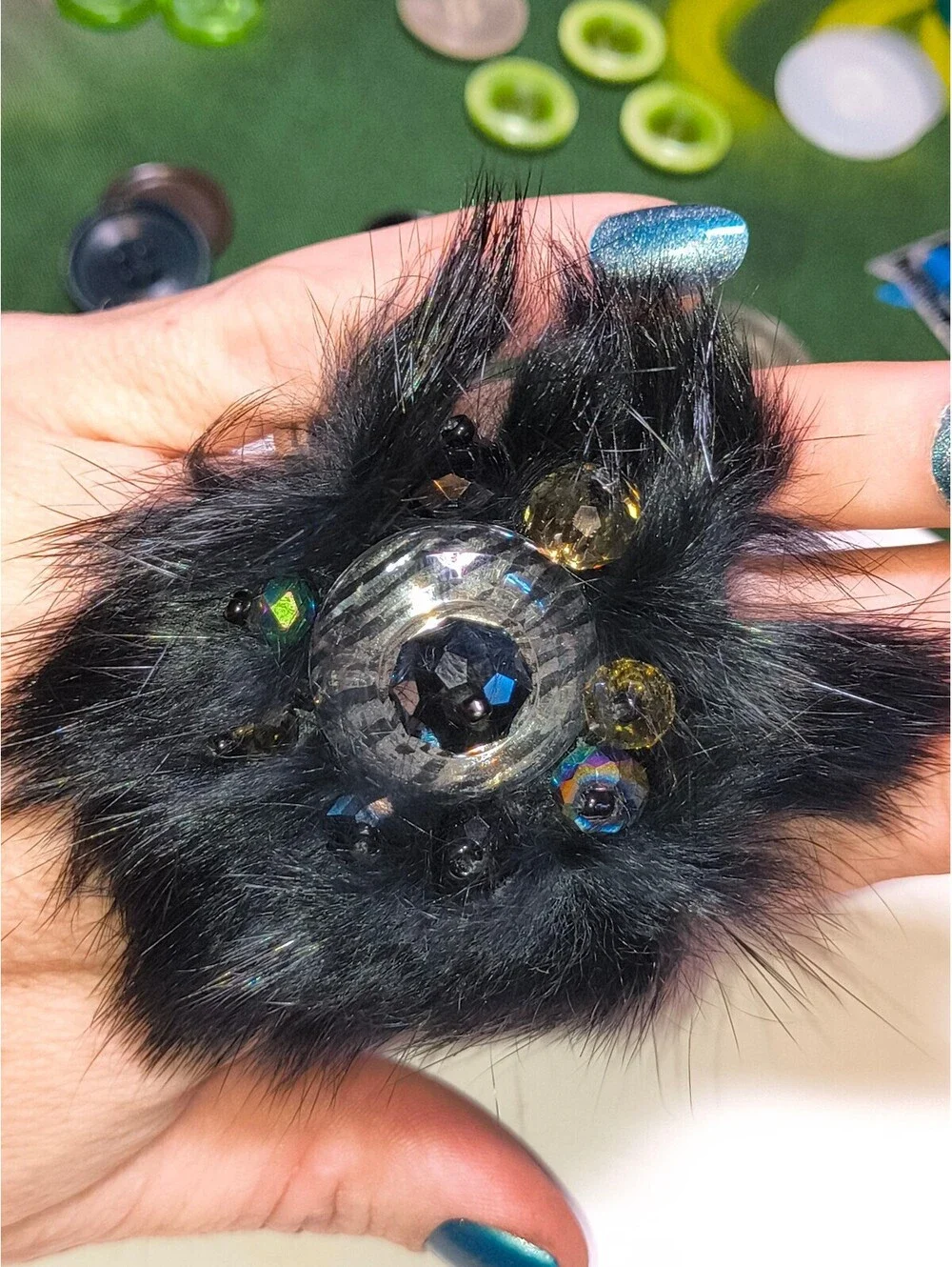 Unique Black Faux Fur & Beaded Statement Ring