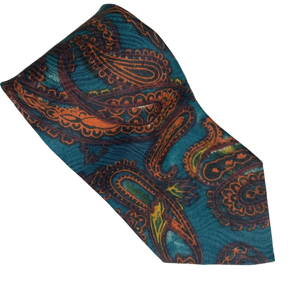 VTG Italo Piccolo Tie Mens Paisley Silk Teal Orange‎ Brownstone Ltd Artsy 58x4