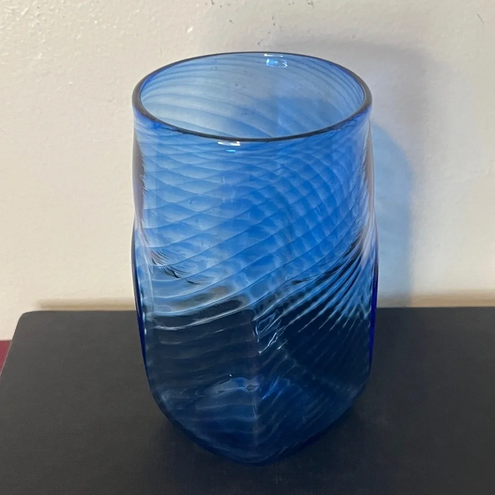 Handmade Blue Optic Squared Glass Tumbler Signed‎ Dated 17