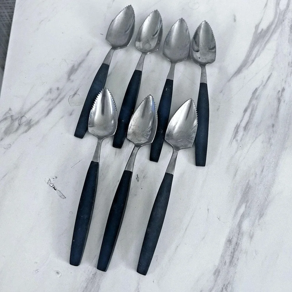 Vintage MCM Grapefruit Spoon Stainless Black Composite Japan Flatware Lot of 7 A