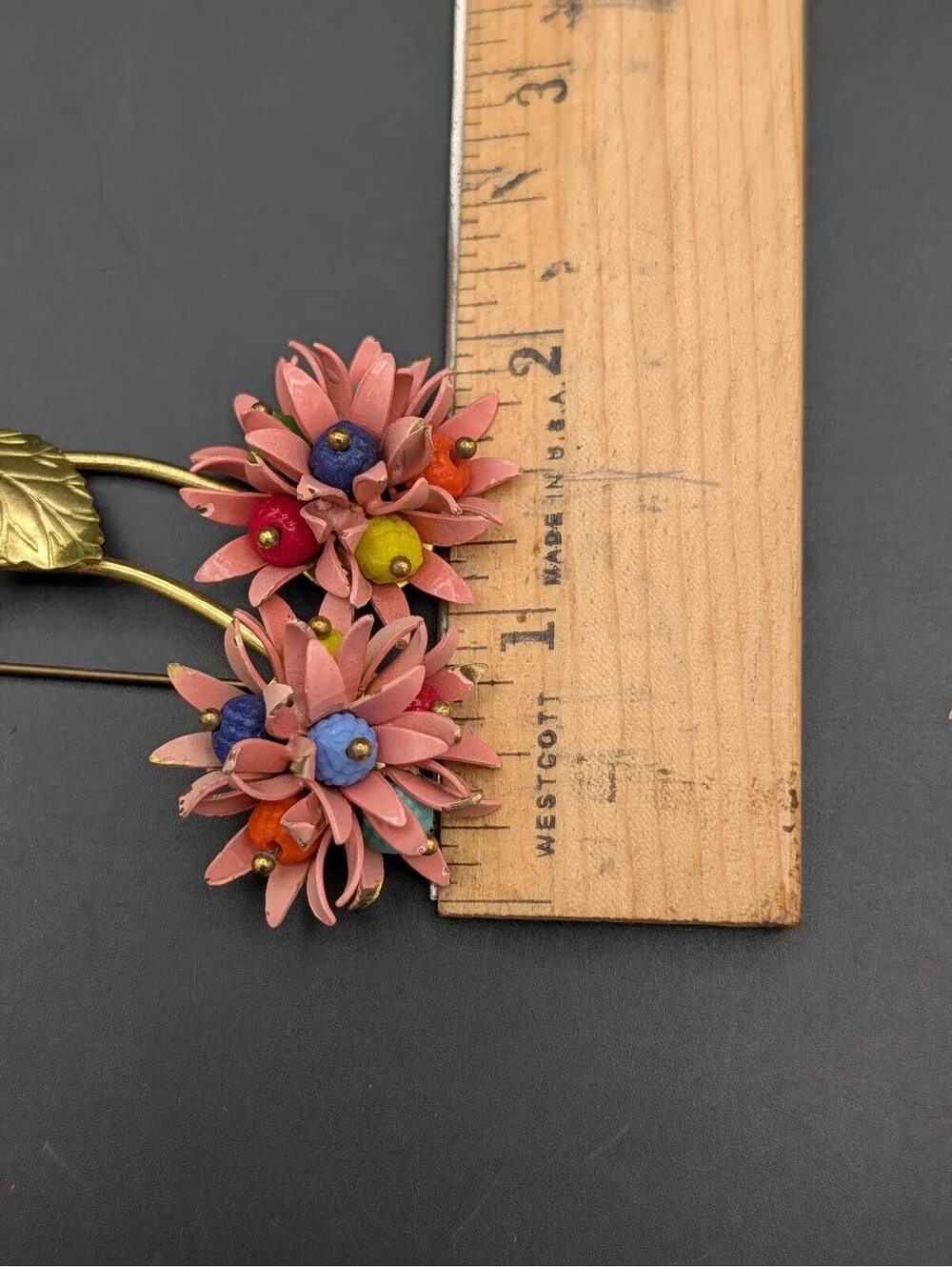 Vintage 1950s Pink Enamel Flower Brooch Hand Wired Molded Glass Bead Cluster