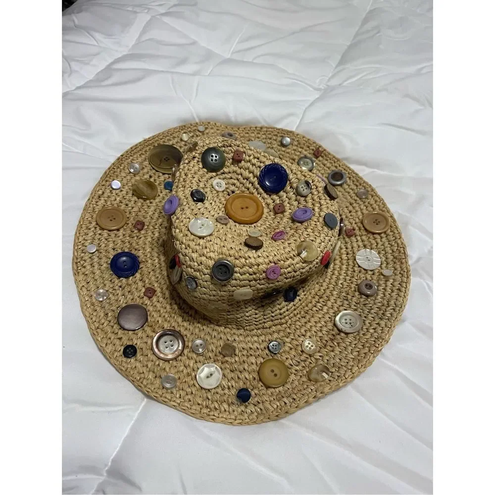 Button Straw Hat Hippie Boho Chic Small Medium