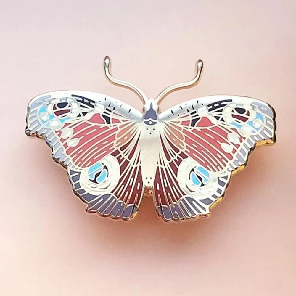 European Peacock Butterfly Enamel Pin - Gold‎ Plated Nature Jewelry & Brooch