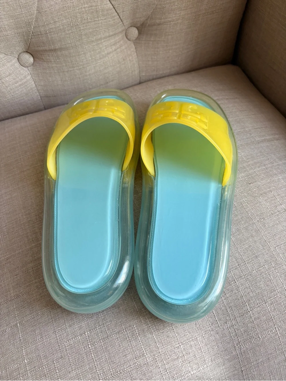 Tory Burch Yellow & Light Blue Slide Sandals