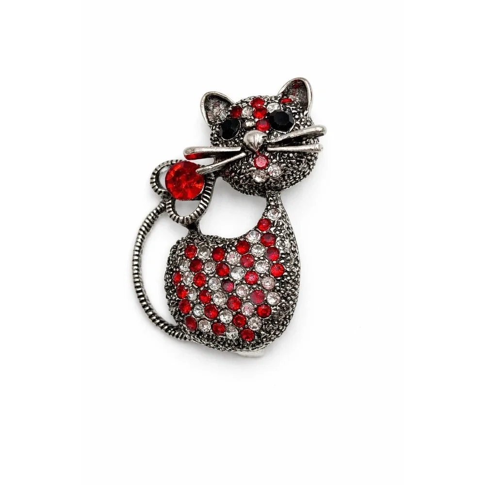 Rhinestone Cat Brooch Red Crystal‎ Silver Tone Kitty Pin Heart Tail Mothers Day