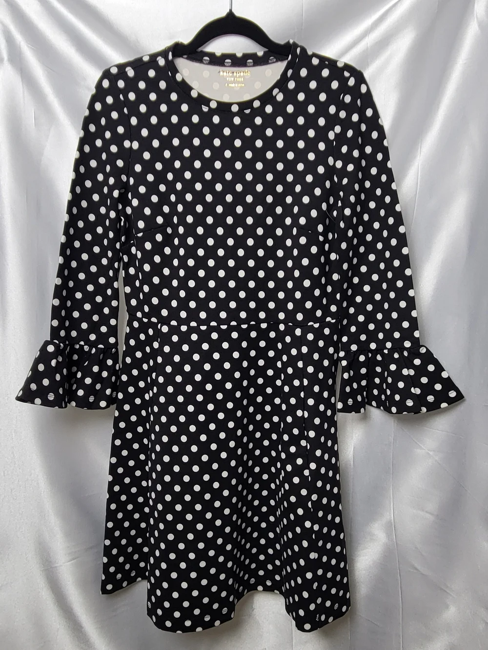 Kate Spade New York Polka Dot Fit & Flare Dress Bell Sleeve Black White S