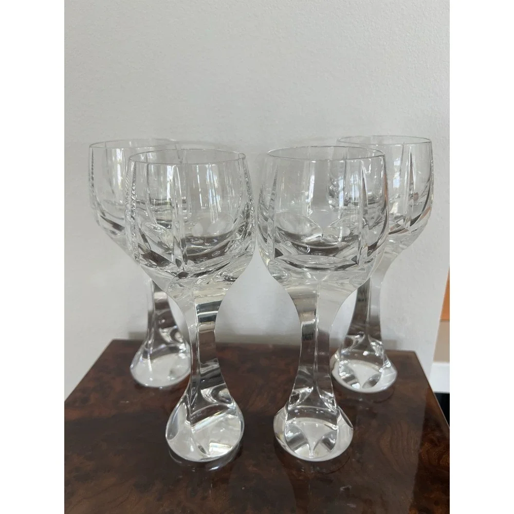 Baccarat Crystal Neptune Tall Water Goblet Glass Sharp Edge Stem Set of 4