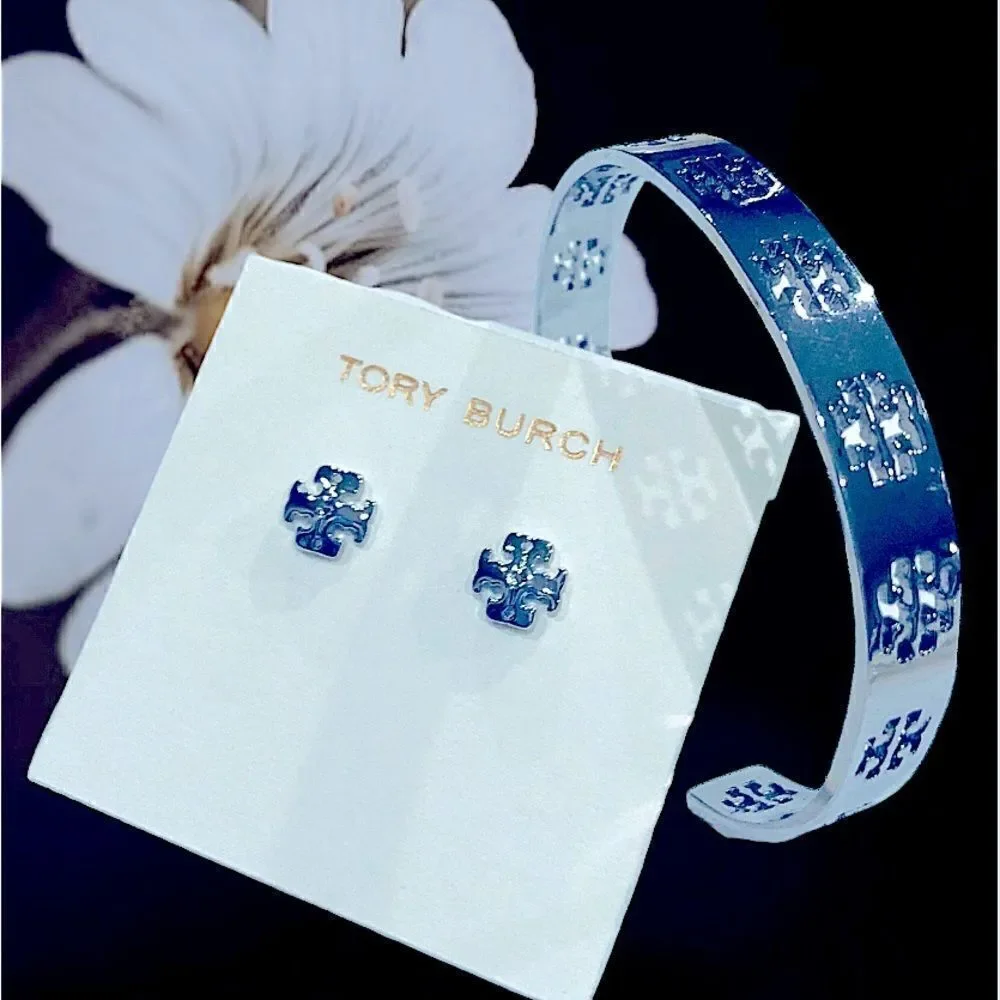 TORY BURCH LOGO HOLLOW BRACELET AND EARRINGS SILVER SET