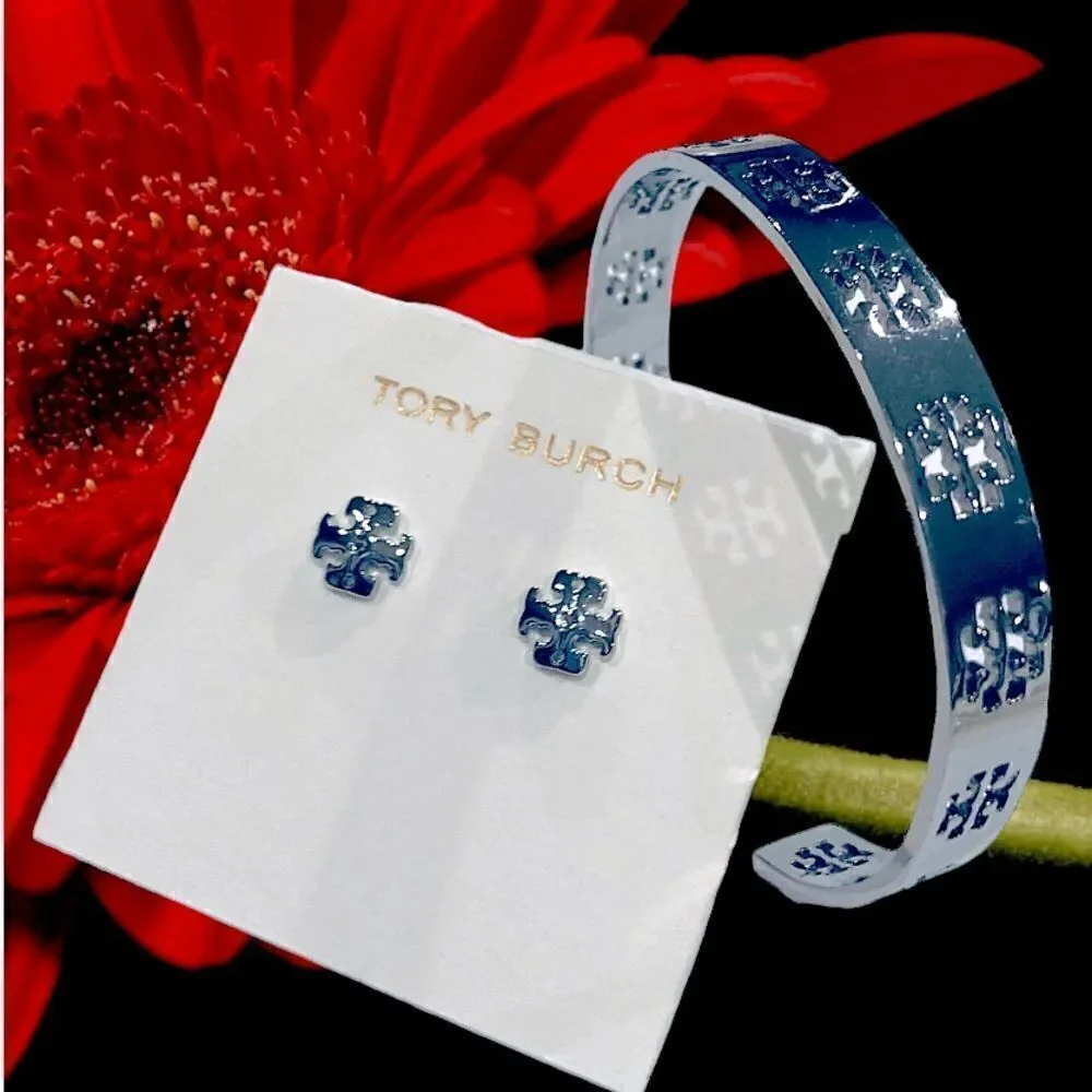 TORY BURCH LOGO HOLLOW BRACELET AND EARRINGS SILVER SET