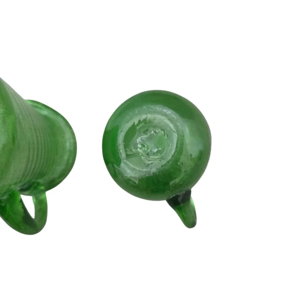 Vintage Hand Blown Green Swirl Art Glass Pitcher & Creamer Set Applied Handles